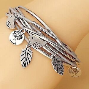 Silver Tree of Life Bird Leaf Charm Bracelet Boho Layered Wrap Stackable Jewelry